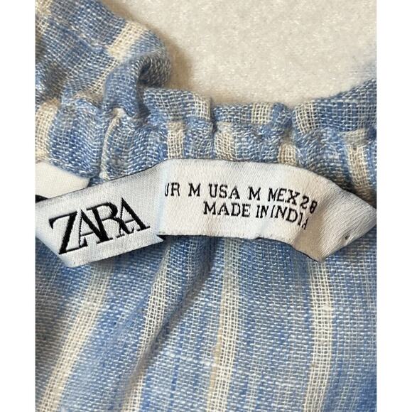 Zara Striped Baby Doll Top Ruffled Embroidered Cami Light Blue White Size Medium - Picture 6 of 11